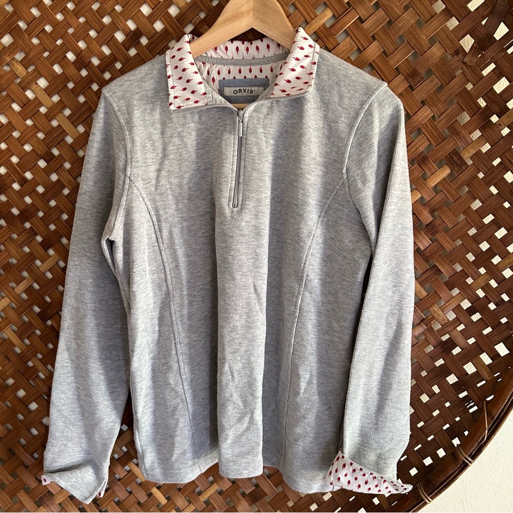 Orvis contrast collar and sleeve grey pullover rubbed sweatshirt Large